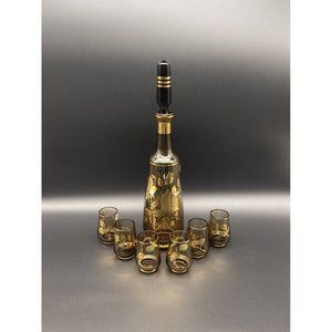 Vintage Mid Century Bohemia Smoke Gold Leaf Decanter Shot Glass Set
